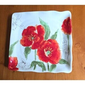 Maxcera Sketch Poppy Plate Platter Square Red Floral Accent Centerpiece 11"x1.25